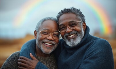 Two happy gay black senior men hugging. Elderly African American boyfriends in a loving embrace outdoors in nature. Rainbow in the sky, promoting Pride Month inclusivity, Generative AI