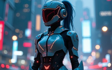 futuristic cosplayer dressed as cybernetic warrior poses dramatically against sleek digital cityscape glowing details. High quality