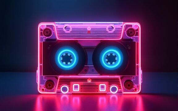 Retro Neon Sign in the Shape of a Cassette Tape with Vibrant Colors and an 80s Aesthetic Vibe. High quality - Powered by Adobe