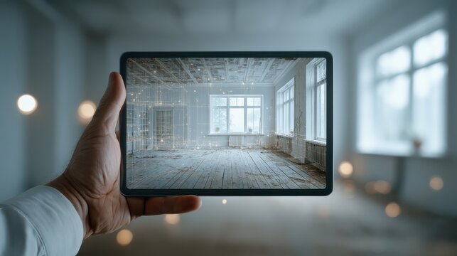 A hand holds a tablet displaying a digital rendering of a spacious, wooden-floored room with large windows, set in a blurred background.