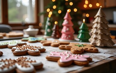 Cozy Winter Holiday Baking Workshop Setup with Organized Tables Displaying Gingerbread Treats, Inspiring Festive Creativity and Culinary Joy. High quality