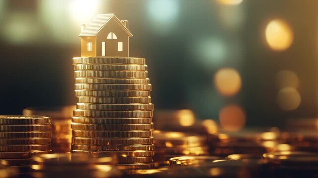 House model on stack of gold coins symbolizing real estate investment, wealth, finance, money, and savings with warm glowing bokeh background representing financial growth and wealth accumulation