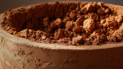 Sun-baked terracotta clay with rough, porous surface