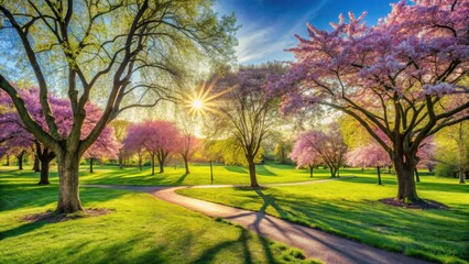 Serene Springtime Pathway Winding Through a Blossoming Park Under the Golden Hour Sun