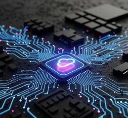 A complex electronic circuit board with a processor and other components, representing modern computer hardware and digital technology