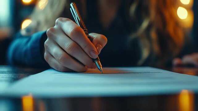 Close up of hand holding pen writing on paper, focused on document signature and notes on desk in warm light, calm atmosphere with fingers and pen tip in cozy low light environment
