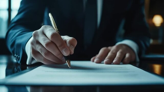 Contract signing with pen and paper on office desk, businessman in suit holding document, professional legal agreement, focused hand action, corporate paperwork, formal business deal process