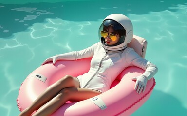 A woman in a spacesuit floats on a pink inflatable in clear water, wearing mirrored sunglasses. Surreal sci-fi fashion scene combining retro-futurism and poolside fantasy. High quality
