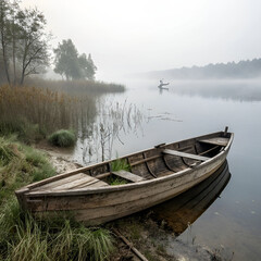 old wooden boat floating on misty lake