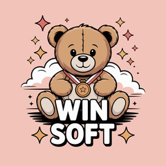 Adorable teddy bear wins with 'win soft' medal and sparkling stars for celebration and achievement graphic vector