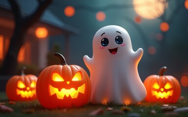 A whimsical Halloween scene featuring glowing pumpkins and a cheerful ghost character, perfect for festive decorations. High quality