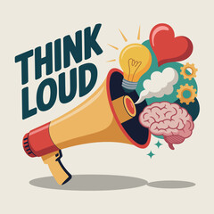 Creative megaphone emitting ideas and concepts a bright lightbulb heart clouds brain and gears signifying innovation and expression vector