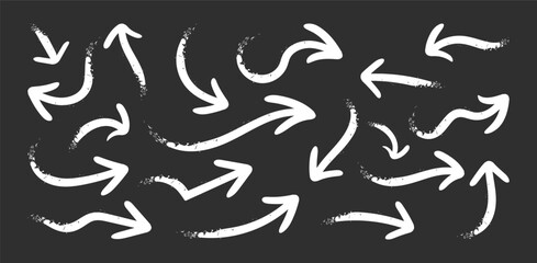 Arrow vector elements hand drawn arrows brush stroke curly arrow collection, pencil scribble shape with vintage charcoal crayon texture. Doodle up down arrow symbol. Vector illustration