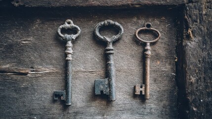 Three antique keys on a weathered wooden surface.