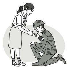 Obraz premium A girl offers a flower to a kneeling soldier as a sign of gratitude