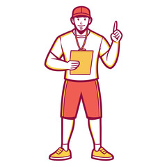 Obraz premium Coach pointing finger holding clipboard with badge and wearing cap vector illustration