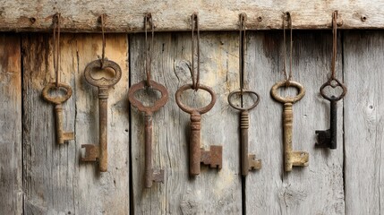 Antique keys hanging on weathered wooden planks.
