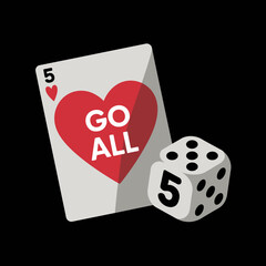 Five of hearts playing card with 'go all' text and a white six-sided die showing the number five for gambling and casino concepts vector