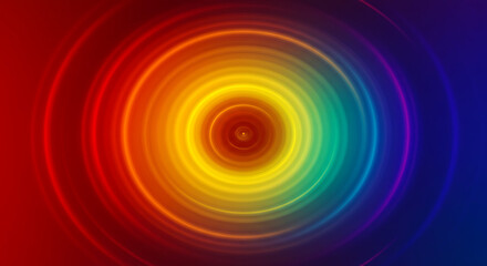 Vibrant rainbow-colored concentric circles create a dynamic visual