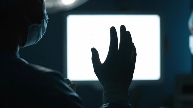 Surgeon's Silhouette in Operating Room - The back of a surgeon is shown, their gloved hand raised against the bright light of an operating theatre screen.