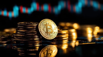 Bitcoin cryptocurrency digital coin stack with currency investment finance gold and trading concepts showing market trends and financial graph background reflecting value changes and wealth growth - Powered by Adobe