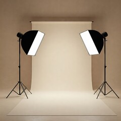 Professional photographic studio with lighting equipment and softboxes on tripods