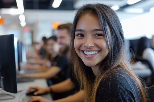 Diverse happy young office colleagues collaborating and smiling while working at computers in an open-plan workplace. Promoting inclusive team building in a growing business, Generative AI