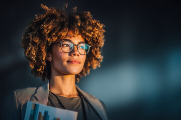 Confident businesswoman with documents in evening light