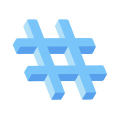 A light blue hashtag symbol isolated on white background for social media use