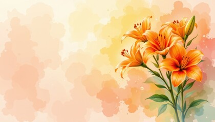 A watercolor card layout designed to celebrate special moments, bathed in a warm, cheerful glow, The background is a soft wash of pastel hues, blending gentle oranges, yellows