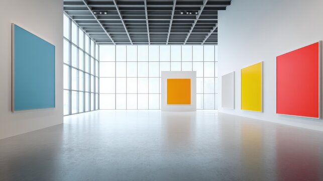 Bright modern art gallery showcasing colorful abstract paintings with a contemporary architectural design and ample natural light