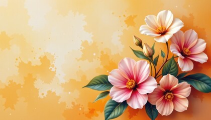 Fototapeta premium A canvas bathed in warm, sunlit gold tones that capture the essence of paradise, At the bottom, a lush cluster of camellia flowers bursts into bloom
