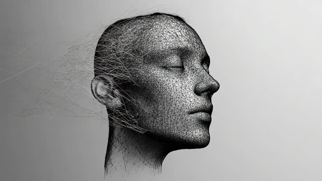 3d mesh face relaxing with eyes closed and flowing hair