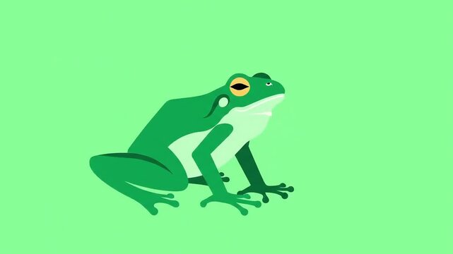 Stylized frog with an inflated throat sac sits against a bright, solid green backdrop in this flat vector illustration
