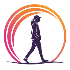 Silhouette of a woman walking in a circle with a gradient isolated on white background