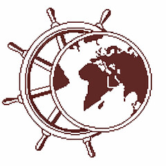 A ships wheel with a globe in the center, symbolizing navigation isolated on white background