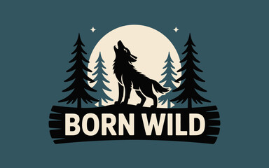 Baby wolf howling at the full moon in a forest scene with 