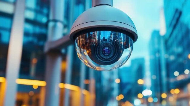Security camera surveillance dome camera city urban technology glass reflection modern building lens monitoring safety protection close up outdoor electronic equipment digital system architecture