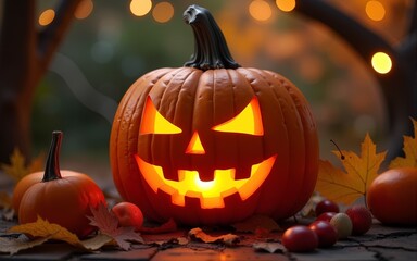 A spooky Halloween scene featuring a carved pumpkin glowing warmly, surrounded by autumn leaves and festive decorations. High quality
