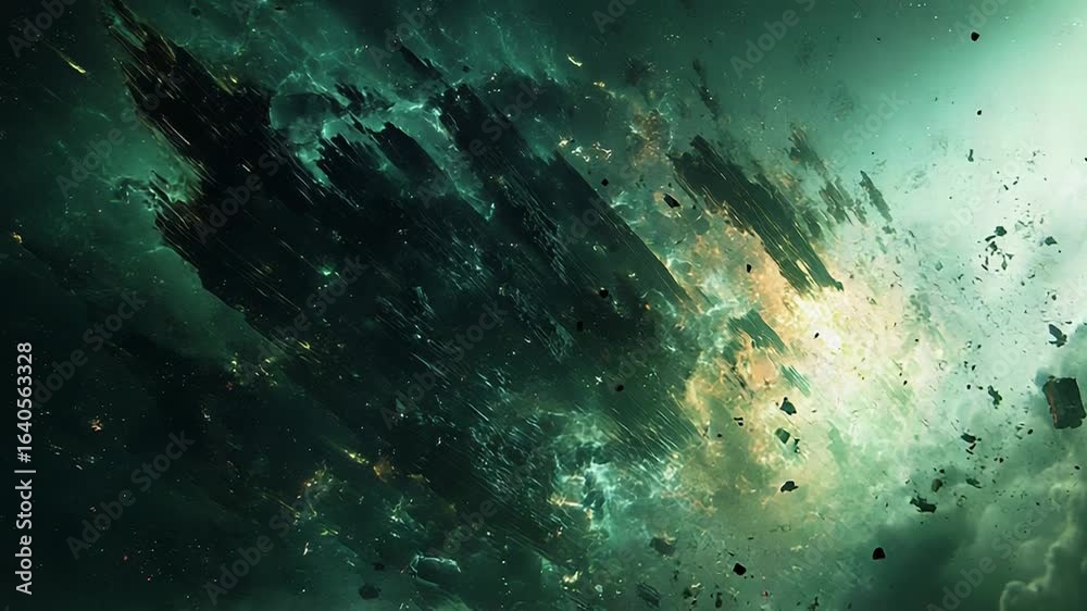 Wall mural spaceship exploding in a green nebula with debris flying around