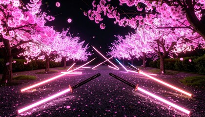 Cherry Blossom Avenue with Neon Lights and Katana Swords.