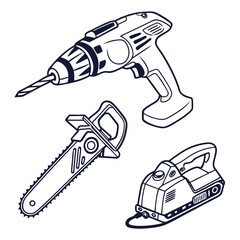 Obraz premium Power tools isolated on white background, including a drill and a saw