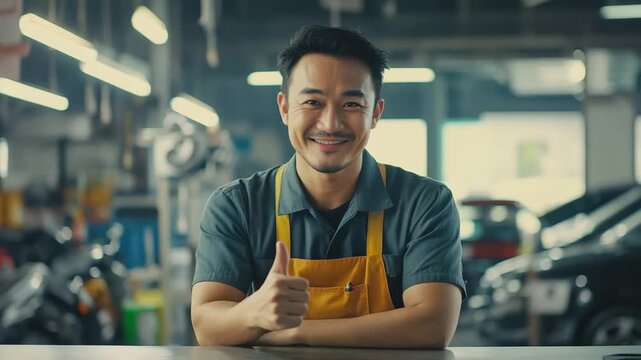 Confident male mechanic wearing yellow apron giving thumbs up in bright automotive workshop, smiling technician expressing positivity and approval while surrounded by repair tools and car