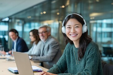 A cheerful woman wearing headphones smiles at the camera surrounded by colleagues in a modern office setting