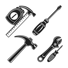 Various hand tools including hammer, screwdriver, and wrench isolated on white background