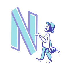 Cartoon man walking next to the letter n isolated on white background