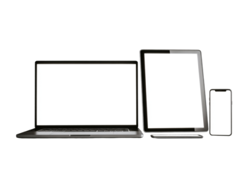 Laptop, tablet, and smartphone with blank white screens isolated on transparent background