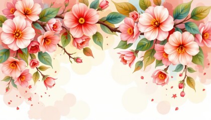 Obraz premium A postcard design that radiates joy and warmth, featuring a cascade of vibrant watercolor camellia flowers in full bloom, their soft petals painted in shades of blush pink, coral