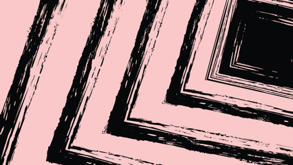 Abstract painting featuring black angular brush strokes on a light pink background creating a geometric pattern