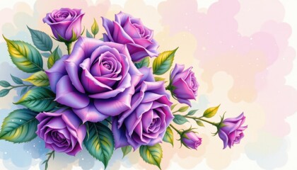 A delicate watercolor position where soft strokes blend hues of lavender and deep plum, creating a cluster of lush purple roses, These blossoms, bursting with life